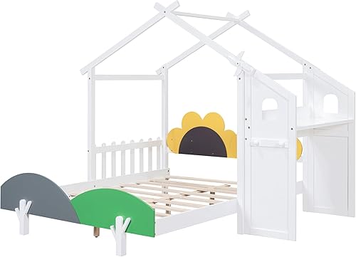 Miniatura 23 de Cama de casa para niños con cabecera decorativa de flores, cama de plataforma de madera tamaño individual con escritorio, divertida cama de casa de