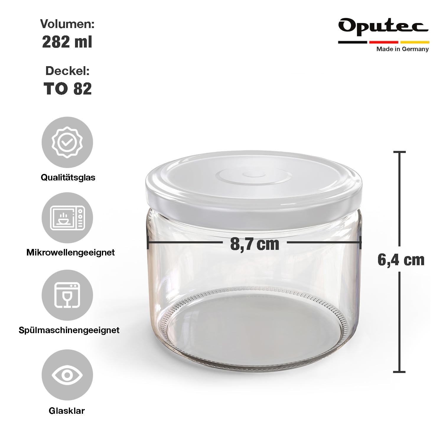 Oputec 48 x 282 ml Einmachgläser mit Schraubdeckel Weiß – Perfekt für Marmeladen, Konfitüren und mehr, kleine Gläser mit Deckel, ideal als Marmeladengläser und Dip-Schraubgläser