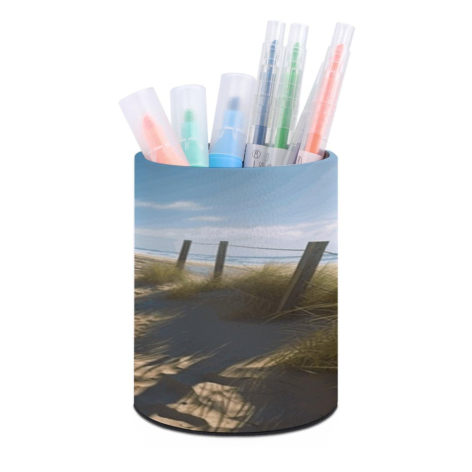 FekiLoot Beach Theme Pen Holder Personalized Desktop Pencil Holder Case Office Accessories Container Box Round Pen Cup Desktop Organizer Makeup Brush Holder Caddy Storage