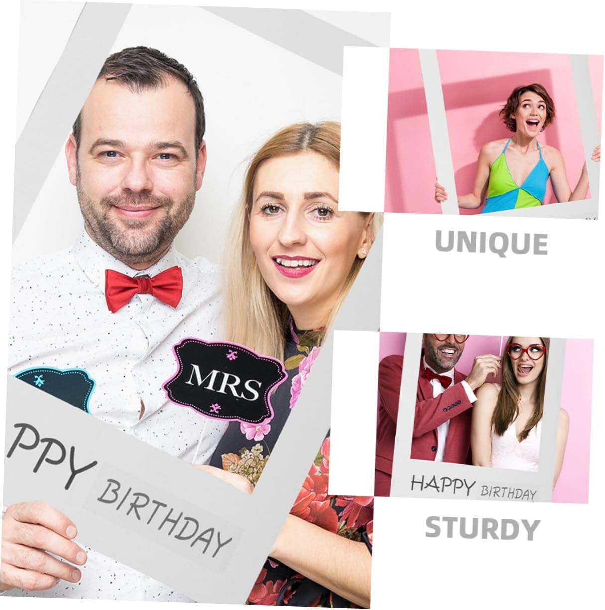 Garneck Happy Birthday Paper Photo Frame Props Set, 2pcs White and Black DIY Party Photo Booth Supplies for Birthday Celebration and Festival Decoration