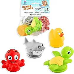 Kit Brinquedos de Banho para Bebês +4 Meses Animais Marinhos e Patinho 4 Unidades (Polvo, Tubarão, Tartaruga e Patinho) Macio PVC Atóxico Lavável Tinta Atóxica e Sem Ftalato
