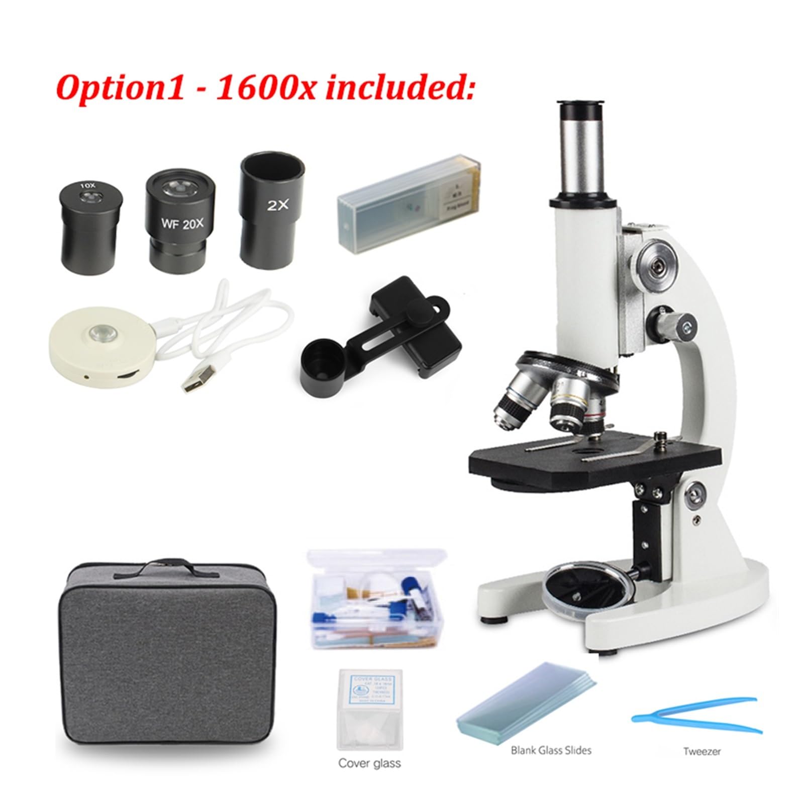 Microscopio Biológico Óptico Totalmente Metálico 40X-2400X For Laboratorio Escolar Educación En El Hogar Fotografía HD De Gran Aumento,Enfoque Fino(Option1-1600X)