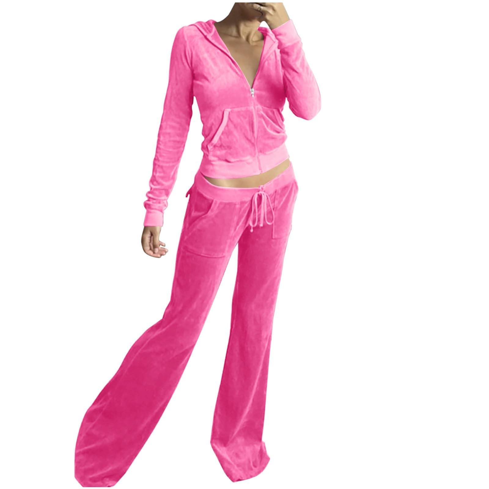 Survêtement 2 pièces en velours pour femme - Manches longues - Fermeture éclair - Veste à capuche - Pantalon large - Style décontracté Y 2k - Pour femme