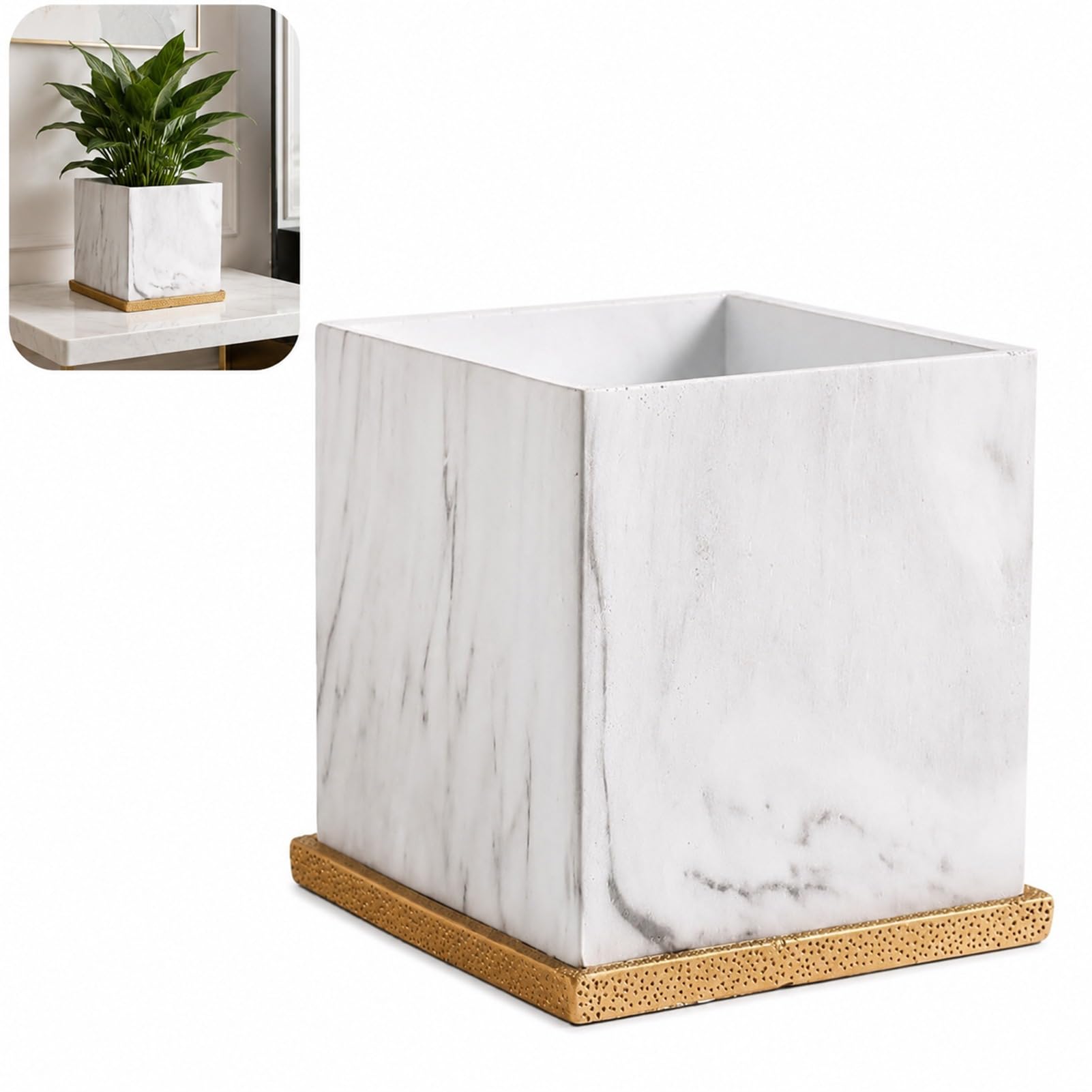 DUY Ceramic Planter Pot White Marble Texture Flower with Gold Tray Saucer Succulent Cactus Pots (white,11 * 10.8cm)