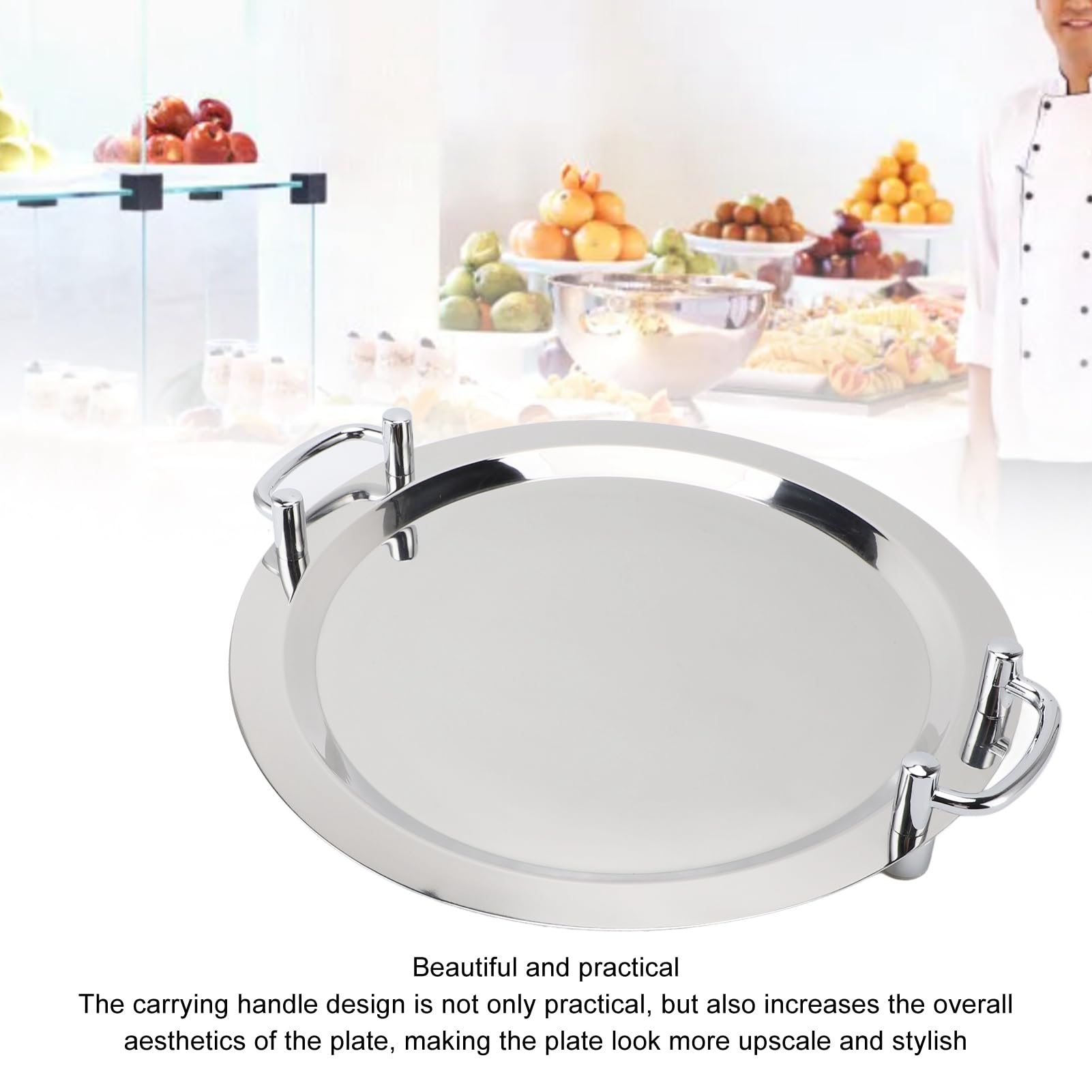 Hztyyier Bandeja de Acero Inoxidable, Bandeja de Metal Multifunción con Asa, para Eventos de Buffet y Catering (Forma Redonda con Mango Plateado, 43 cm.)