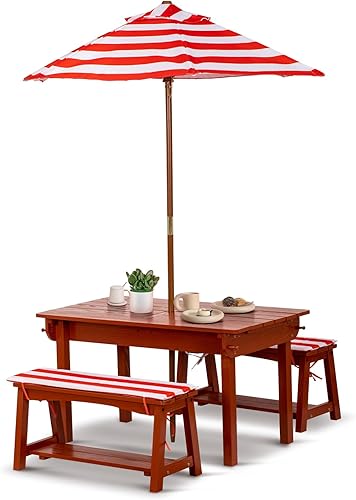 Miniatura 9 de Mesa de picnic para niños con paraguas, juego de mesa y banco de madera al aire libre con cojines y 2 cajas extraíbles, 4 en 1, muebles de