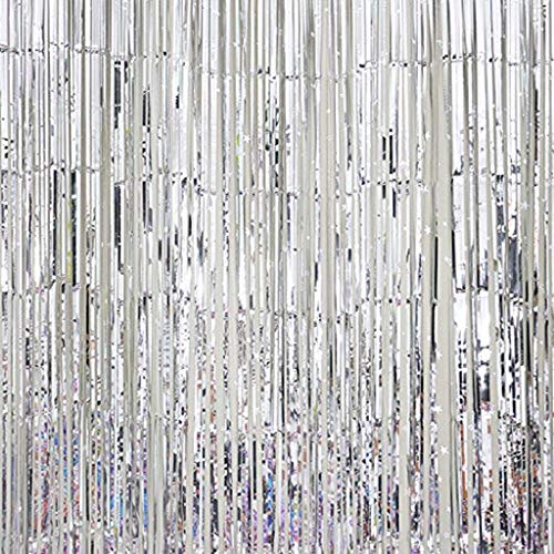 Foil Fringe Party Curtain Metallic Tinsel Tassel Rain Curtain Backdrop Wedding Birthday Party Banquet Christmas Decoration, 92x245cm (Silver)