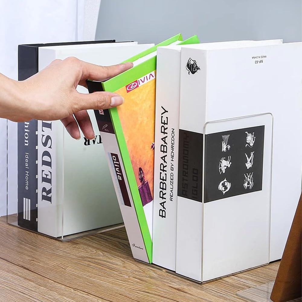 4 Supporti Fermalibri In Acrilico Trasparente - Per Mensole, Scrivania, Biblioteca E Ufficio (12,5x18x12,5 Cm) - Foto 2