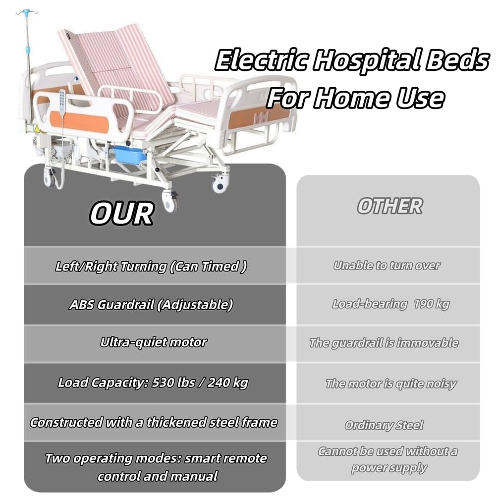 Letto ospedaliero elettrico per uso domestico con inclinazione laterale, letto medico multifunzione regolabile adatto a diverse tipologie di pazienti, con telecomando e materasso.