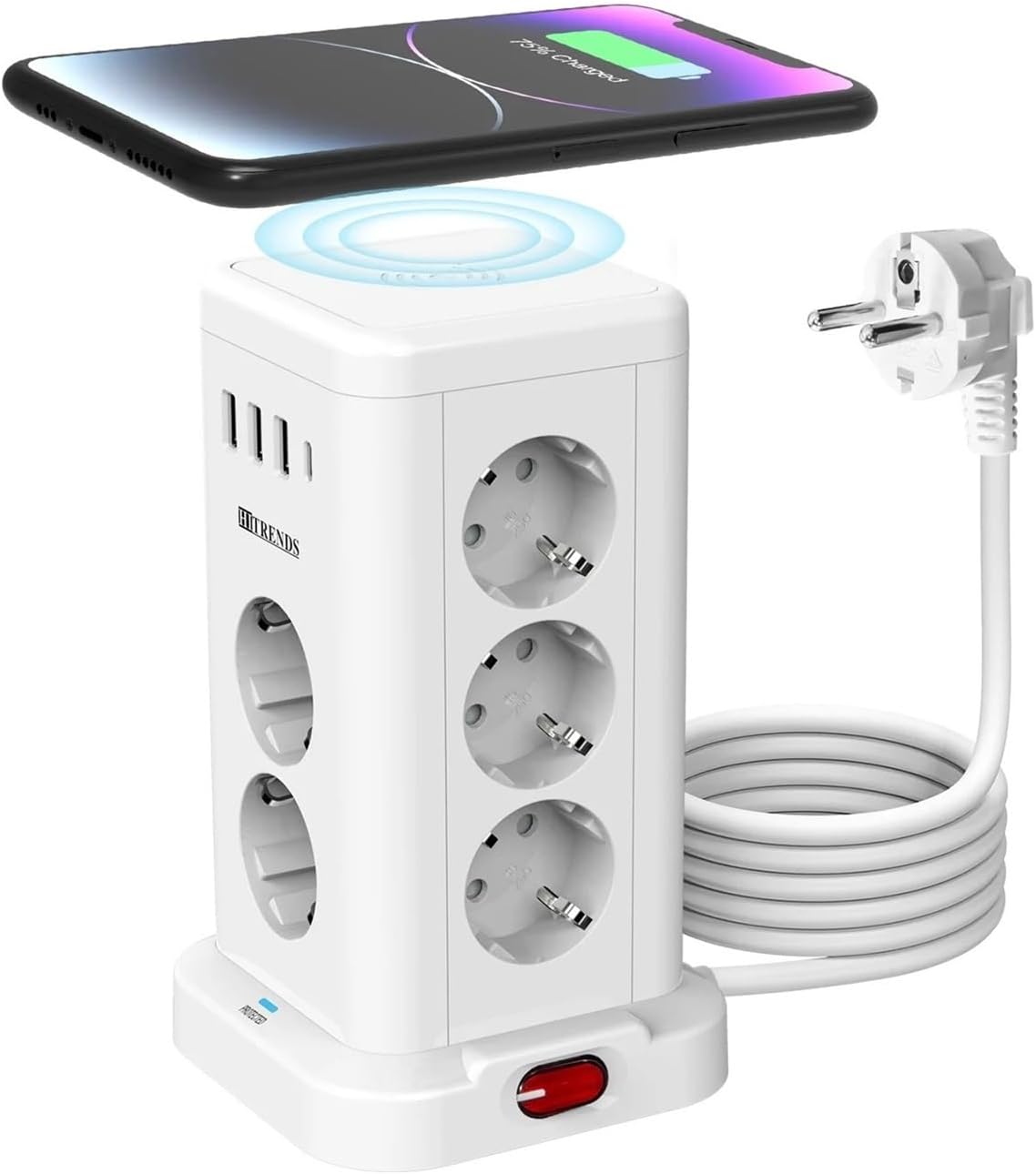 7/11AC EU Plug Power Board with Wireless Charger 3 USB 1 Type c Charging, 2m Extension Cable, Multiple Sockets for Home(11 White)
