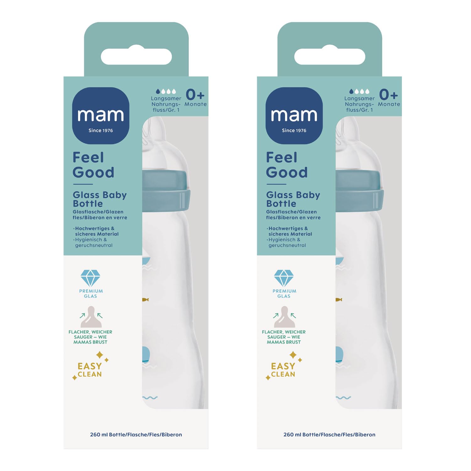 MAM - Bottiglia in vetro Feel Good Glass, 260 ml con tettarella, misura 1 dalla nascita, 2 pezzi