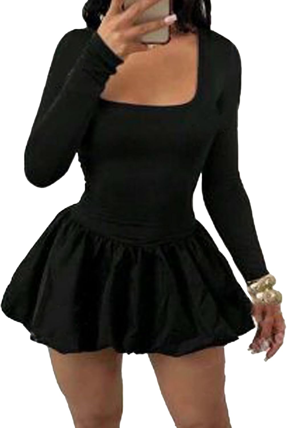 Famnbro Womens Bubble Mini Dress Sexy y2k Corset Square Neck Long Sleeve Cute Puffy Short Party Dresses