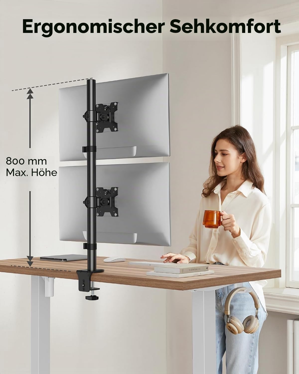 HUANUO vertikale Monitor Halterung 2 Monitore, stapelbare Monitor Halterung mit Höhenverstellung, Bildschirmhalterung 2 Monitore stützt Zwei 17 bis 32 Zoll mit C-Klemme, Jede kann bis zu 8kg tragen