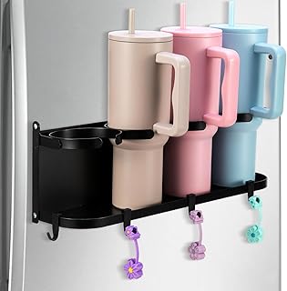 CINPIUK Magnetic Water Bottle Organizer for Stanley Cup Rack Storage for Fridge Heavy Duty Space Saving Storage Rack with Hooks for Stanley/Yeti/Hydro Flask, Easy to Install