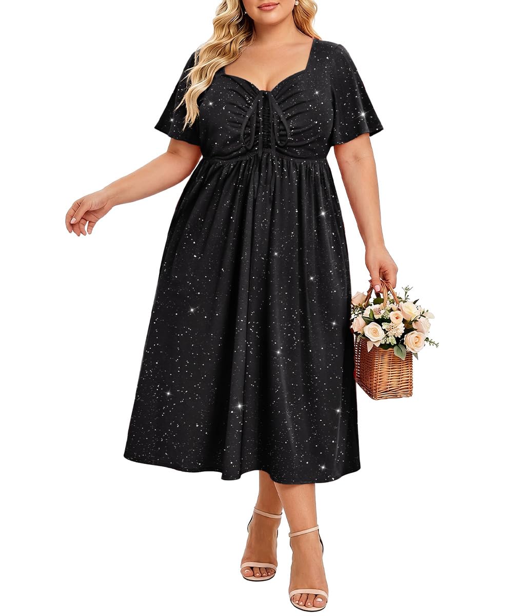 CARCOS Plus Size Dresses for Curvy Women Tie Sweetheart Neck Summer Maxi Dress Short Sleeve Empire Waist Floral Boho Dress