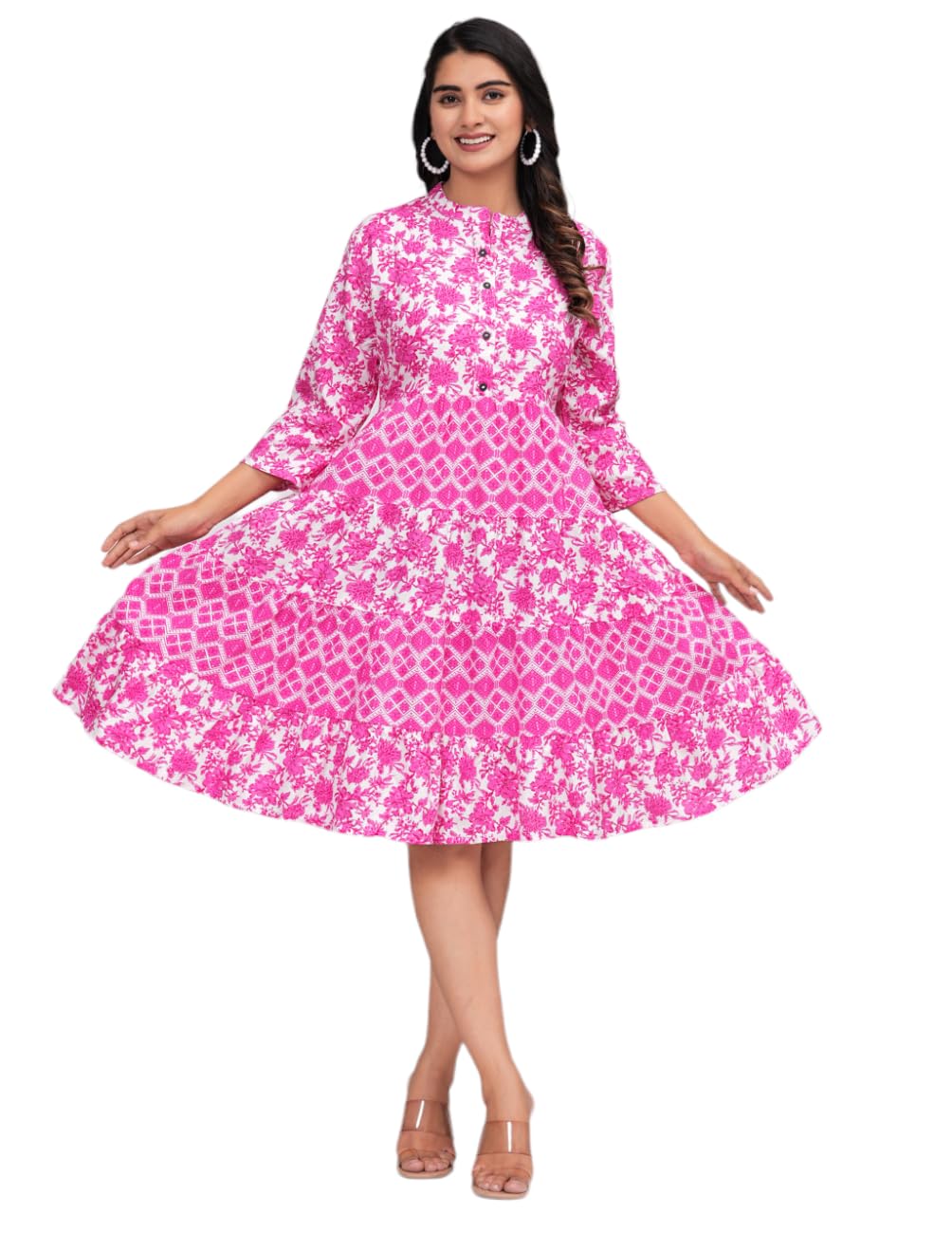 Jikonet Women's Western Dress | Midi Dress Summer Short Dresses For Women (Small, Hot Pink)