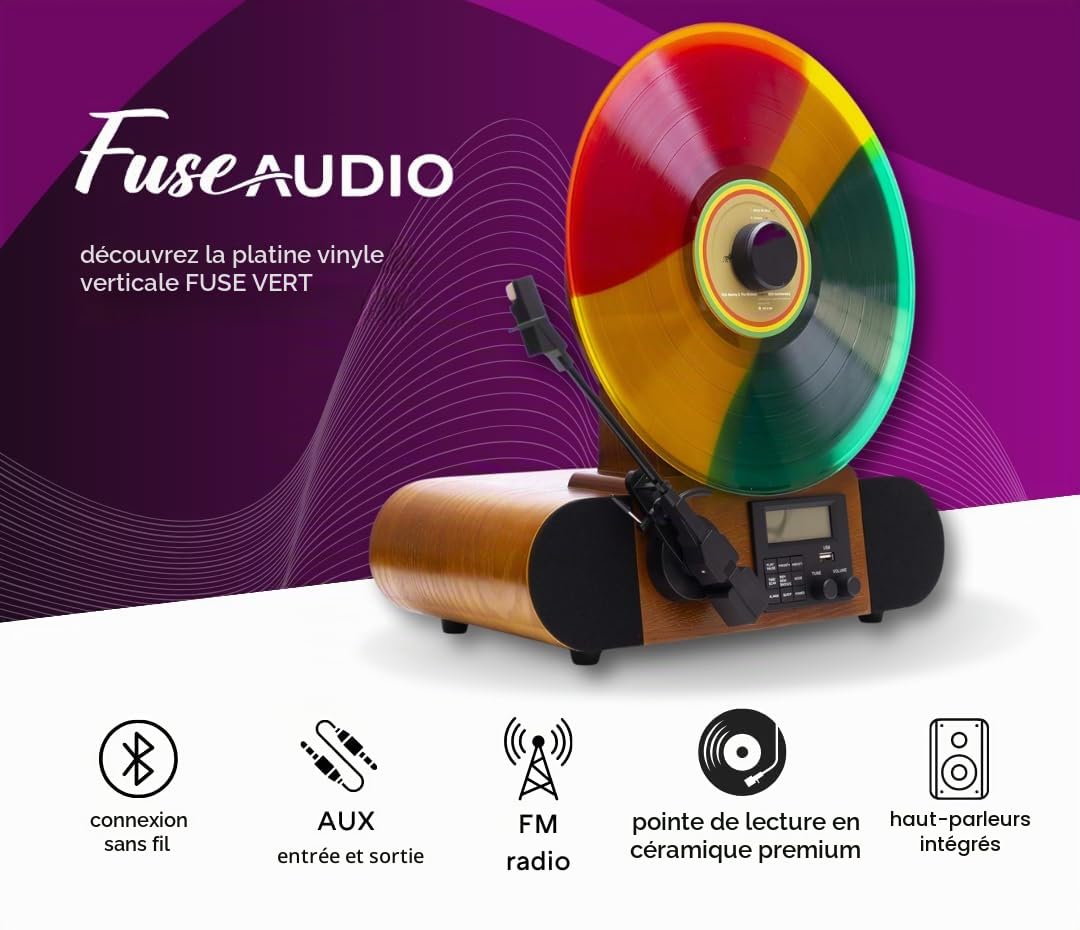 Fuse Tourne-Disque Vertical – Lecteur Vinyle Moderne du Milieu du siècle avec Haut-parleurs intégrés et Bluetooth – Radio FM – Tourne-Disque Audio Domestique pour disques vinyles de 30,5 cm et 45 TR