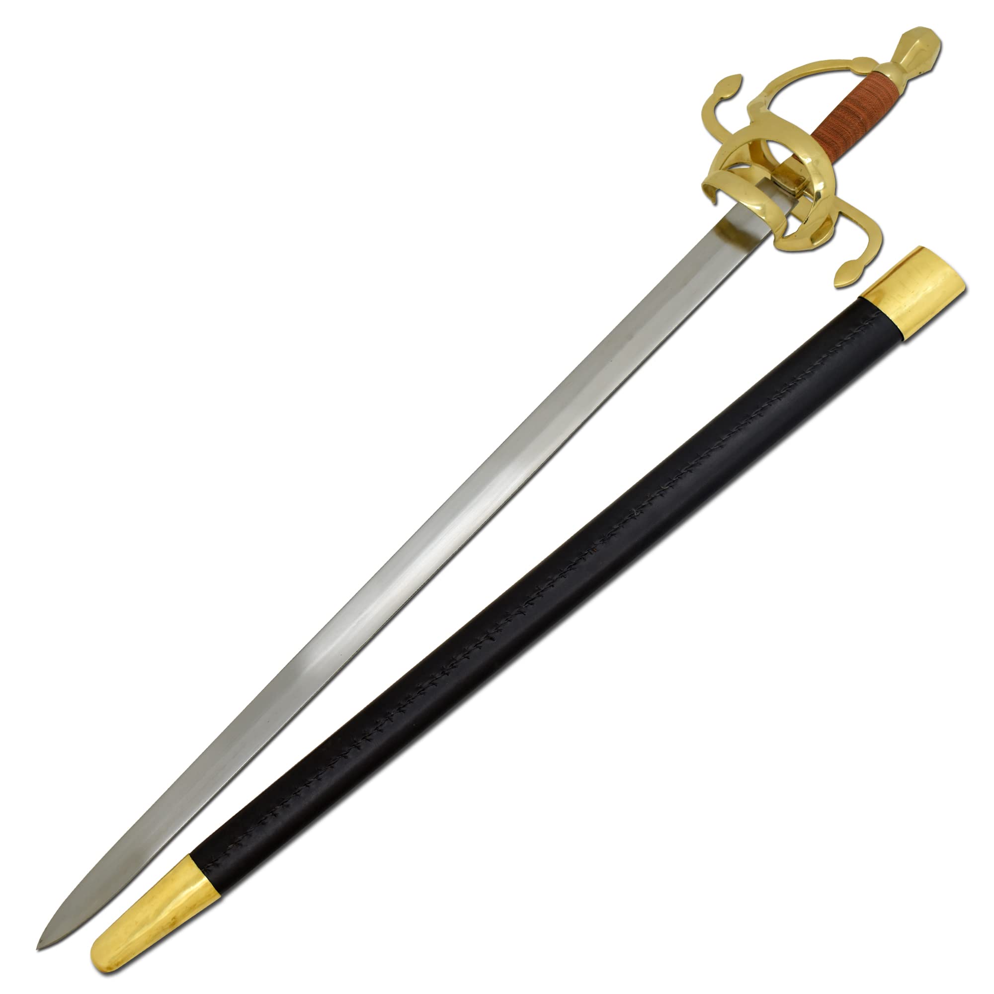 Medieval Warrior Handmade Golden Swept Hilt Rapier Sword Full Tang Black Leather Sheath