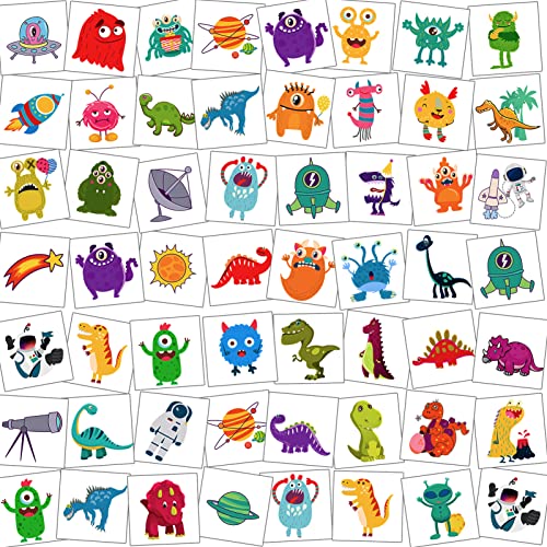 HOWAF 96pcs Tatuajes temporales para niños, Impermeables Tatuaje Temporal de Monstruo Espacial, Dinosaurio,Tatuajes temporales Pegatinas para Regalos de Fiesta de cumpleaños para niños y niñas