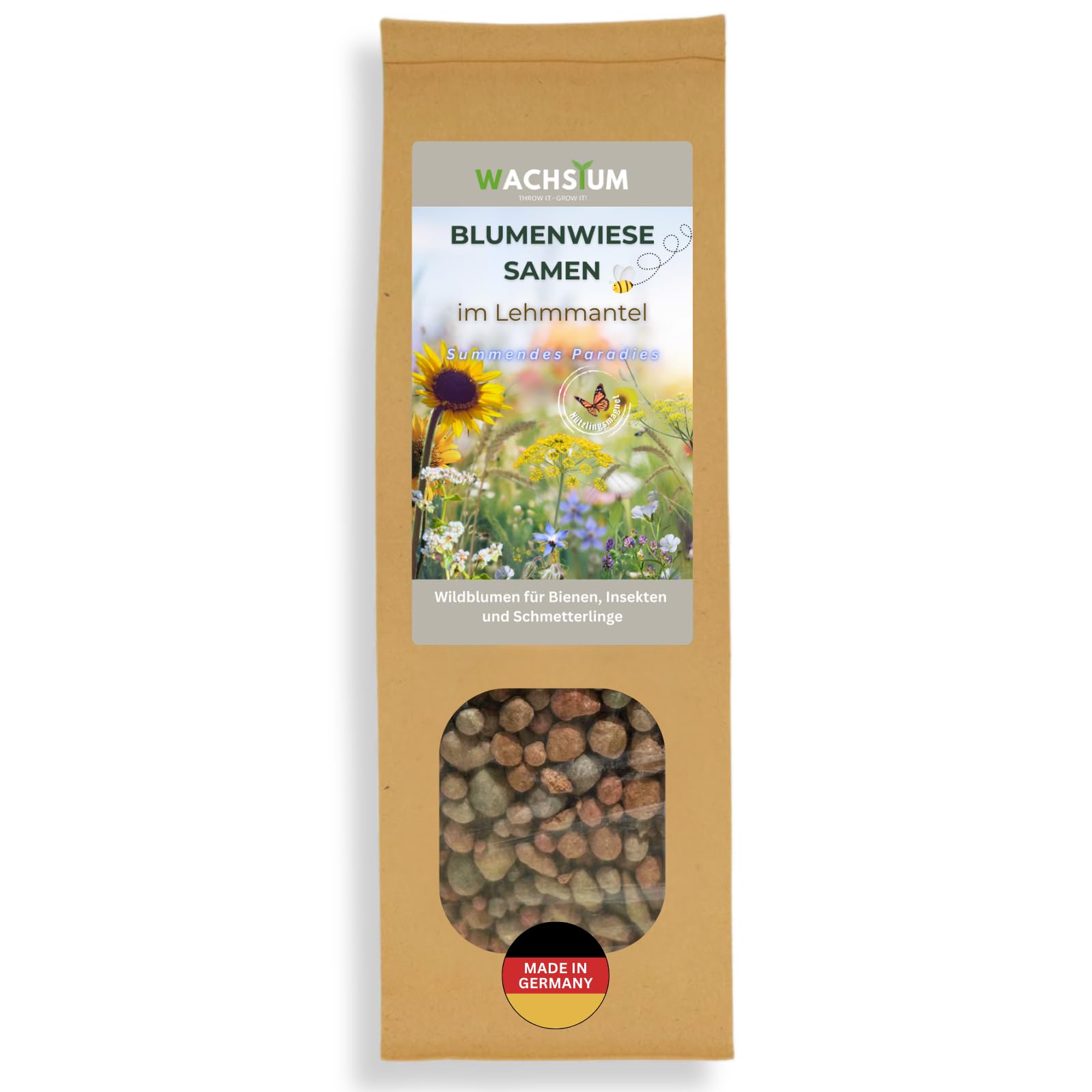 Blumensamen im schützenden Lehmmantel für Bienen und Schmetterlinge 400g. Mehrjährig & winterhart, Summendes Paradies für 30 m².Wunderschöne Wildblumen Saatgut für bunte Bienenweide. Geschenk Kinder