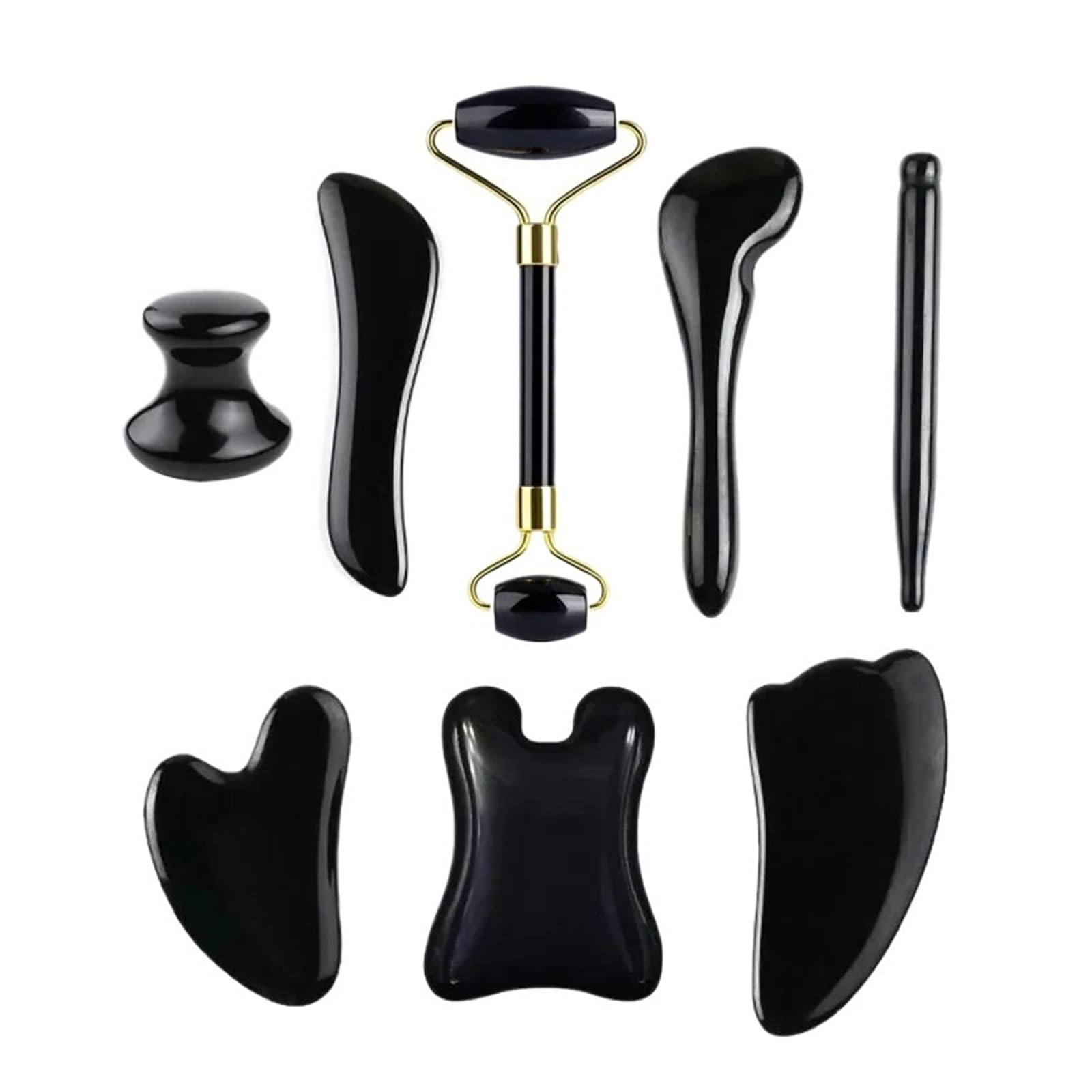 Naturstein-Guasha-Massage-Gouache-Schaber for das Gesicht, Jade-Roller-Massagegerät-Set, schwarzer Obsidian, Gua Sha Board, Hautpflege-Tool(Type 11)