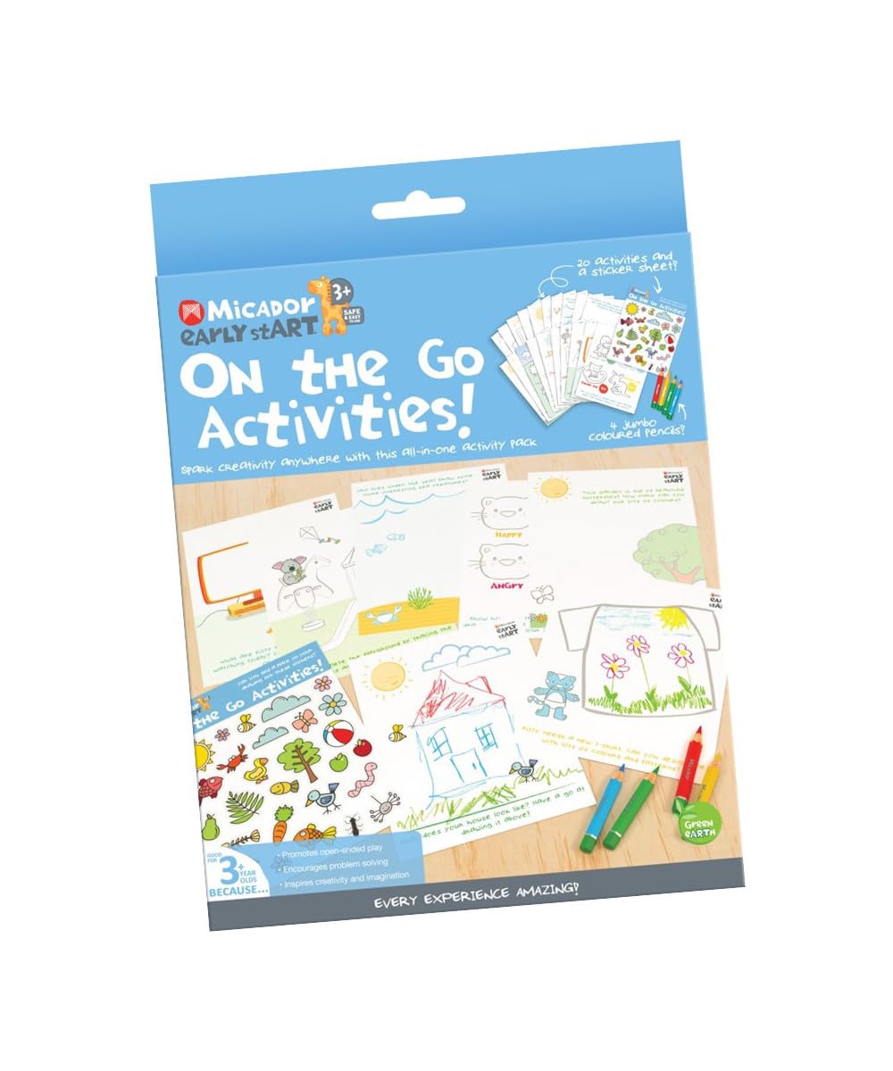 Micador Early Start On The Go Activity Pack - 20 Activites + Stickers + Color Pencils - Educational Imagination + Creative Play + Problem Solving - Ages 3+
