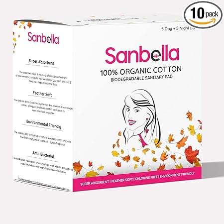 Sanbella Rash-free Organic Cotton Sanitary pads , 5 Night pads + 5 Day pads