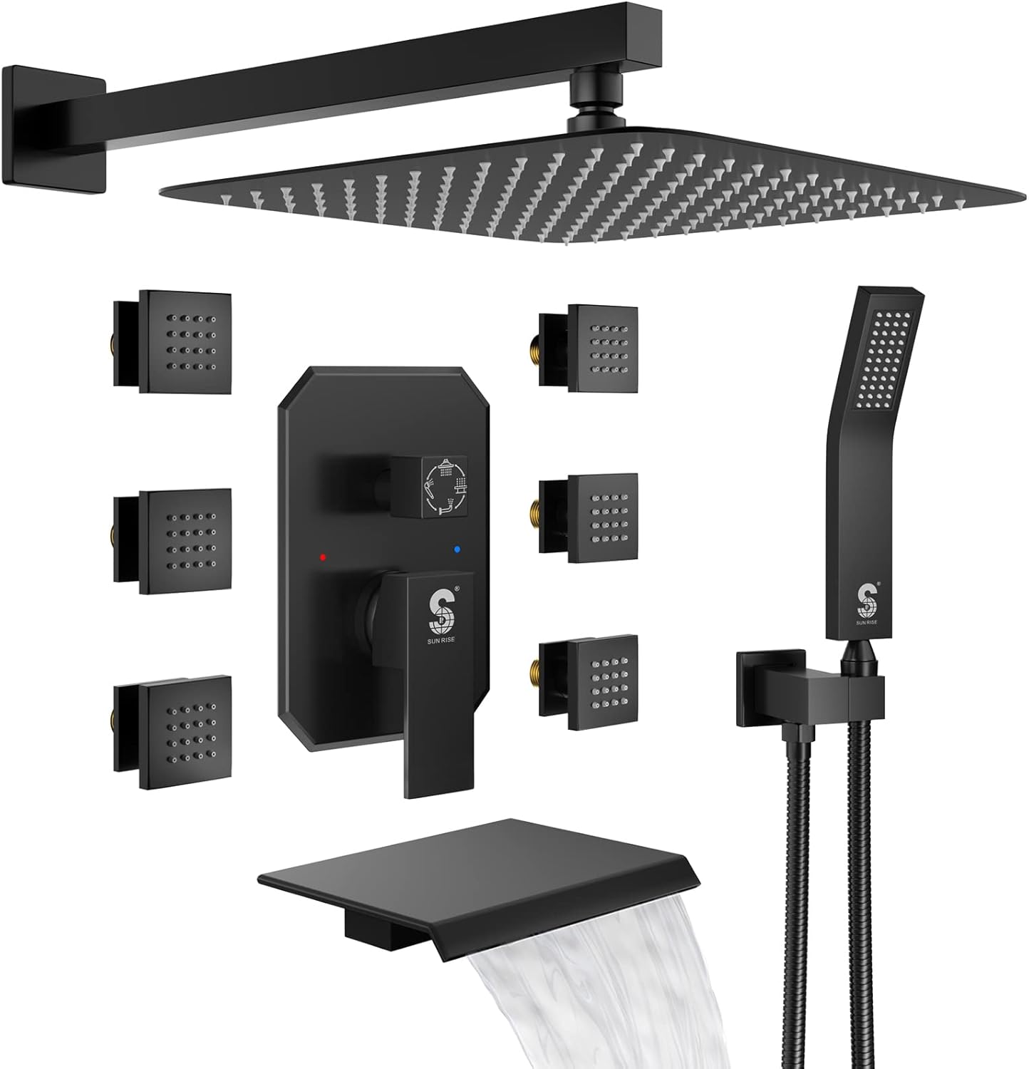 Waist Massage Spray Shower System with 6 Body Jets and Tub Spout, 12” Rainfall Bathtub Shower System with Shower Jet, Wall Mounted Rain Shower and Handheld Shower Faucet Sets Complete, Matte Black