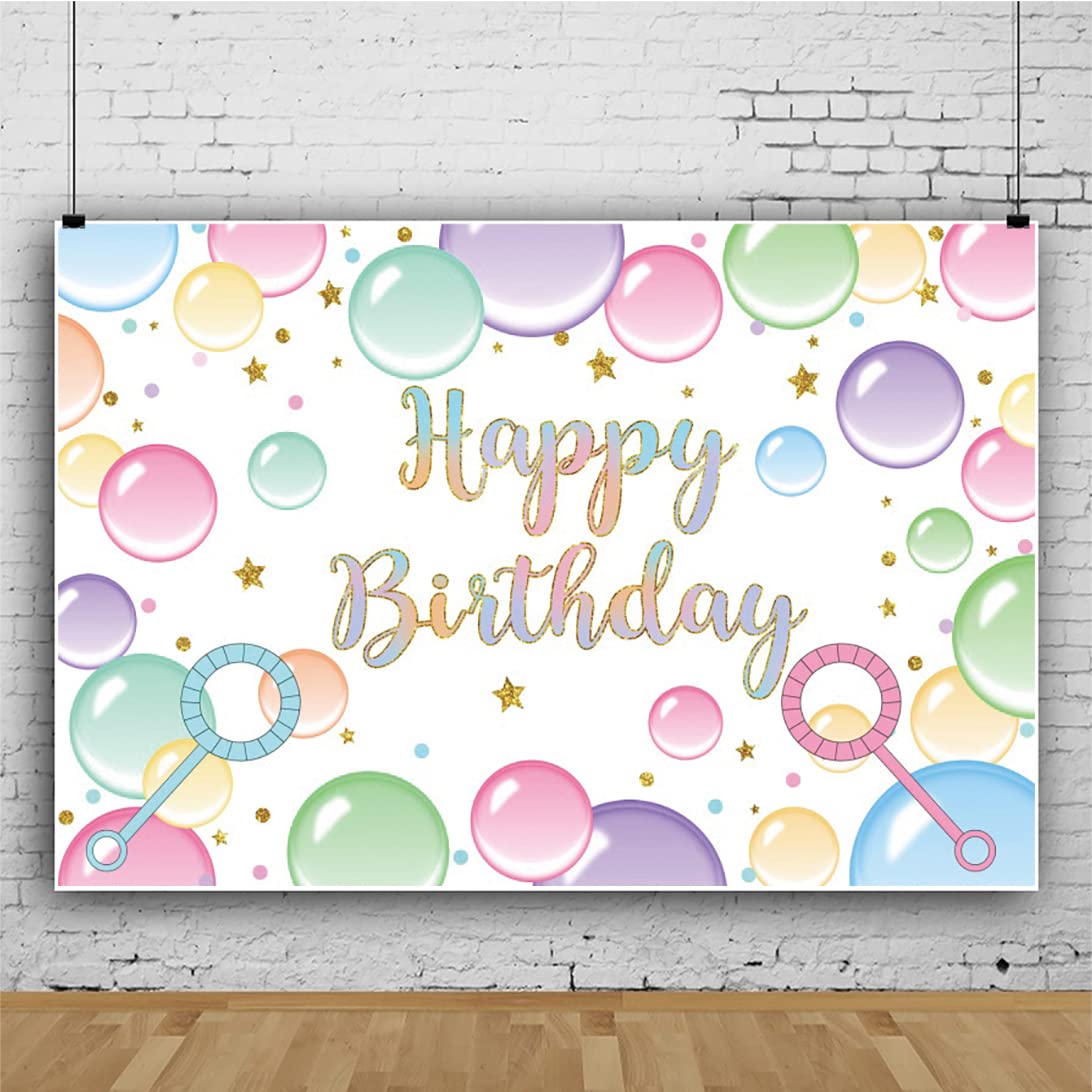 3 x 2,4 m 'Happy Birthday' tło kolorowe bąbelki złote gwiazdy błyszczące fotografia tło baby shower urodziny przyjęcie dekoracyjny baner