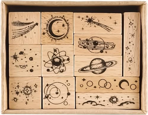 Miniatura 7 de Sello de goma con patrones de plantas de madera, juego de sellos de goma de madera decorativos estrellados para manualidades, tarjetas, álbumes de