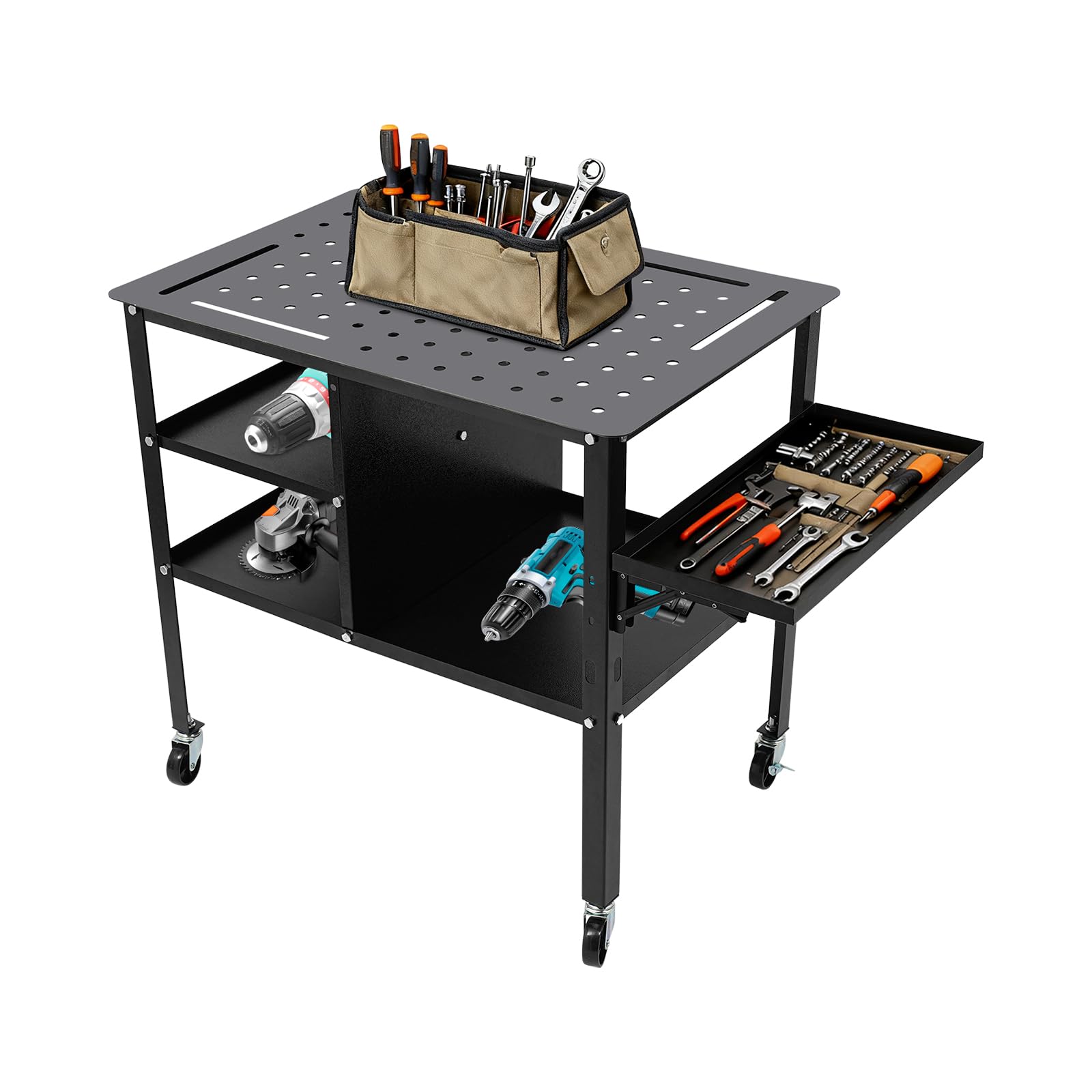 Mesa de soldadura móvil de acero, capacidad de carga de 500 kg, banco de trabajo con ruedas, mesa de trabajo con 4 ruedas, bandeja lateral plegable, placa perforada para taller, reparación de