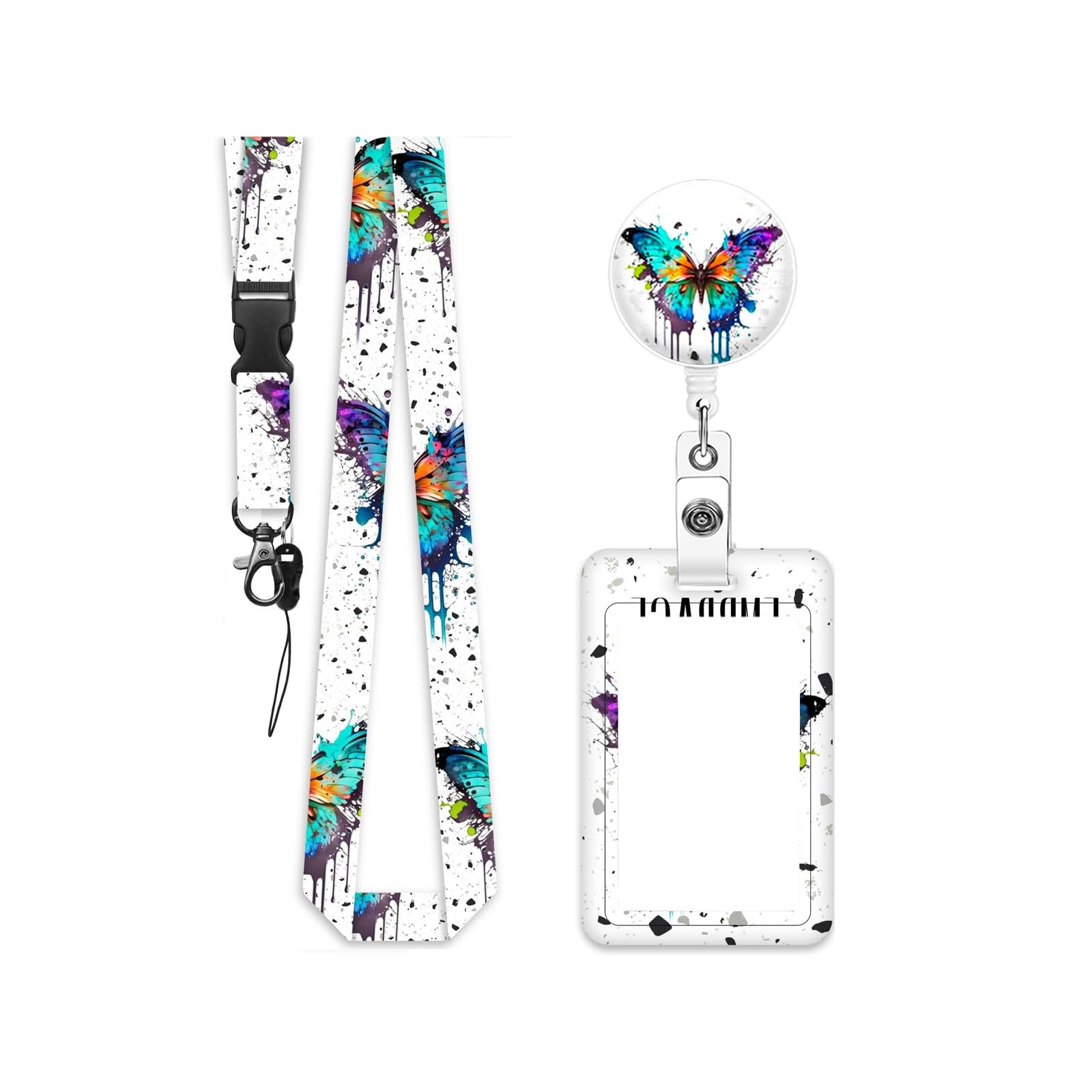 Oxxggkao Neck Lanyard with Card Protector Retractable Badges Holder and Detachable Neck Strap Set for School Butterfly Retractable Badge Holder