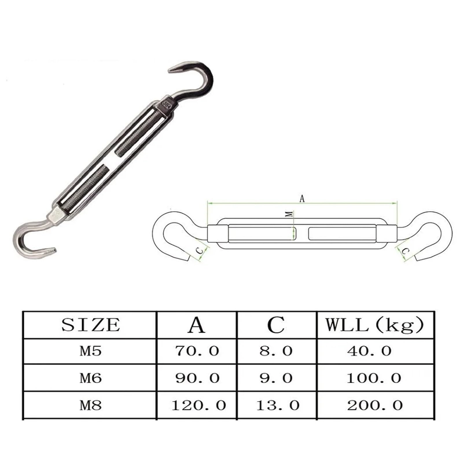 Tendifilo a tenditore, Tensione per impieghi Grav 5 Pezzi in Acciaio Inox 304 tenditore Gancio e Gancio Fune Metallica Tensione Pesante M5 M6 M8(M8)