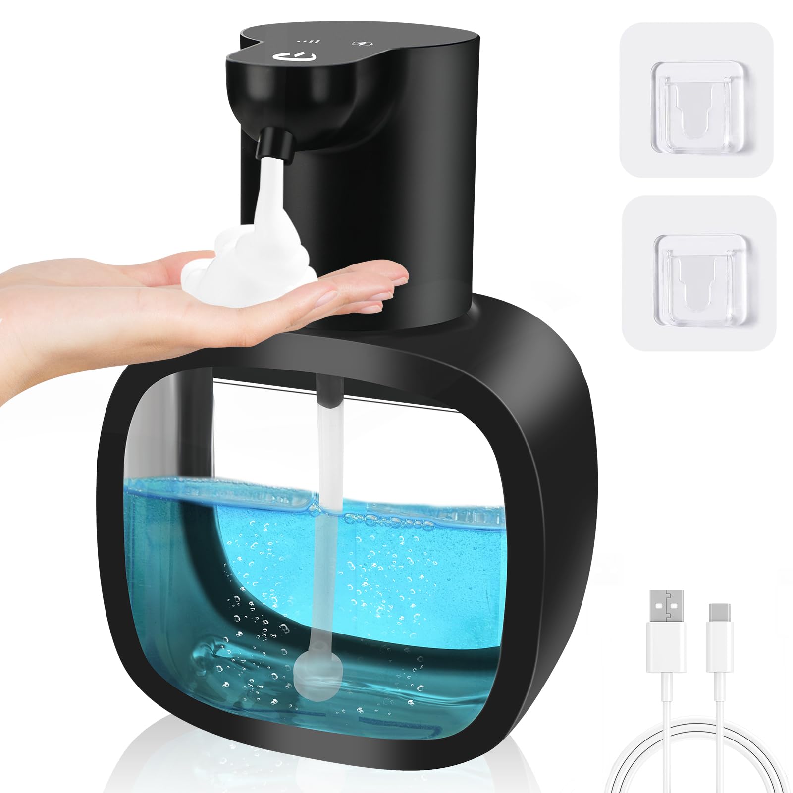 Dispenser Sapone Bagno Automatico, 500 ML Dispenser Sapone Cucina Elettrico Parete Schiuma, Erogatore di Sapone Elettrico con Sensore, 4 Livelli Regolabili Ricaricabile Via USB per Cucina Bagno