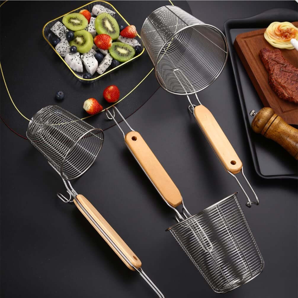 Colador de araña de Malla de Acero Inoxidable con Mango de Madera, Espumadera de Fideos para Pasta de Cocina y colador Fino para cocinar en casa