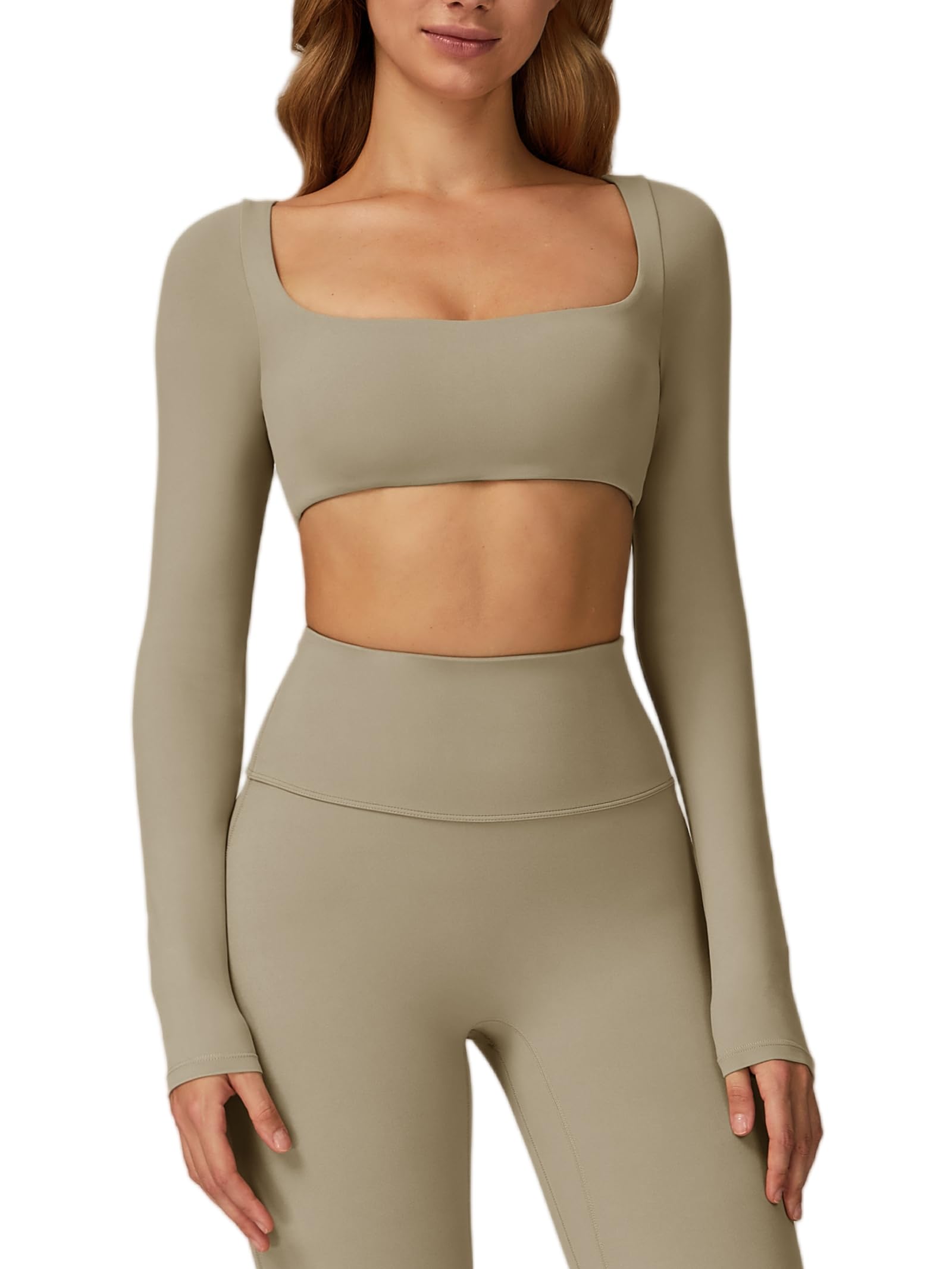 ABOCIW Women Square Neck Long Sleeve Workout Crop Top Low Medium Impact Athletic Yoga Gym Shirts with Built in Bra(ONLY TOP)