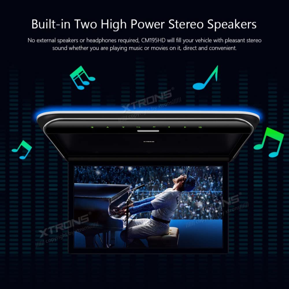 XTRONS 19,5 Zoll HD-Digital TFT 16: 9-Bildschirm-Auto-Overhead-Video Ultradünner Autodach-Player mit integrierten HDMI/AV/USB-Lautsprechern und Buntem Aura-Licht