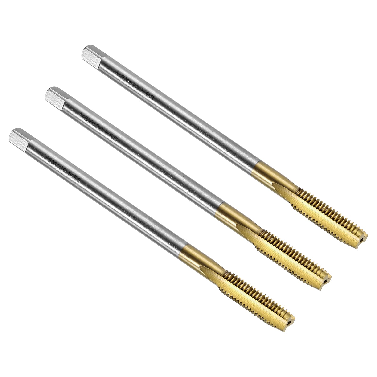 QUARKZMAN 3pcs Machos Roscar, M8 X 1.25 120Mm Extra Largo Métricos Recubiertos Titanio Herramientas Roscado de Tornillos para Máquinas de Roscado, Acero de Alta Velocidad 6542 (Hss 6542)