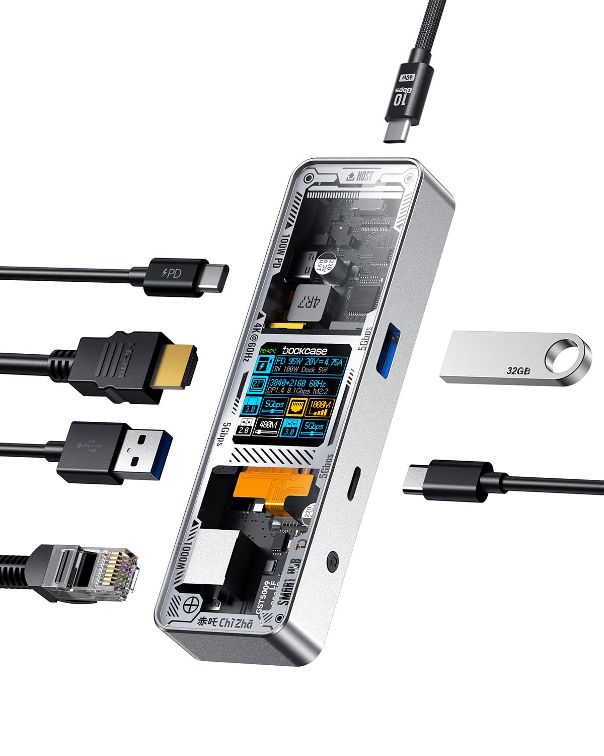 DOCKCASE Smart Hub USB C 6 en 1 Édition Explorer - Station d'Accueil HDMI 4k@60hz, PD 3.0 100w, Gigabit Ethernet, 2 USB-A 5 Gbps - Pour MacBook Air/Pro, XPS, etc - Argent