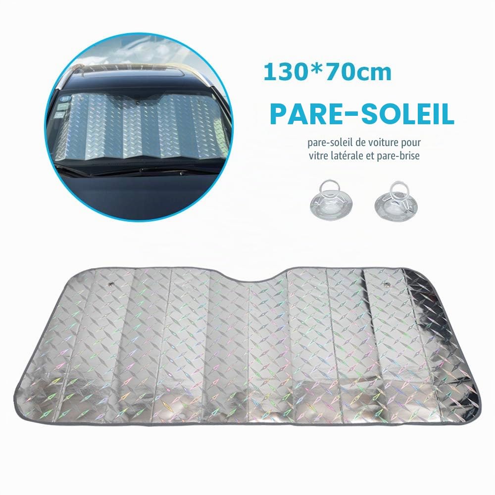 1 pcs Voiture Pare-Brise Pare-Brise Pare-Soleil Réfléchissant la Chaleur UV Bouclier Pare-Soleil, Pare-Soleil Pliable Bloque Toute La Lumière UV avec 2 Ventouses - 130 * 70cm