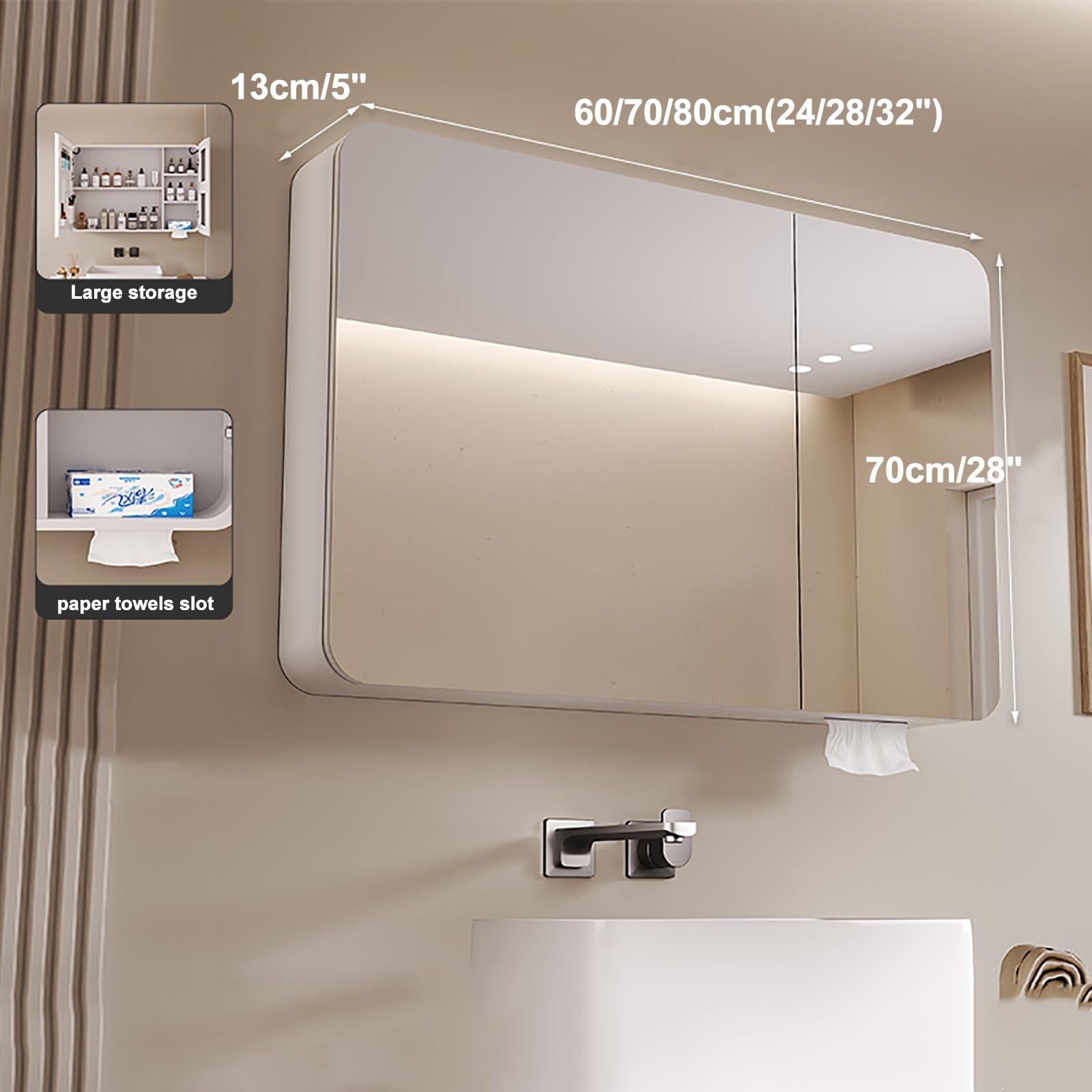 Mueble de baño con Espejo y Luces LED, 3 Puertas, para empotrar o Montar en Superficie, Color Blanco, 70 x 70 x 13 cm