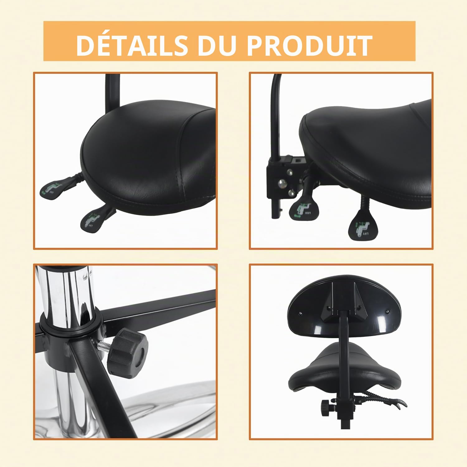 Tabouret de selle hydraulique pivotant réglable avec support dorsal et repose-pieds, résistant 158,8 kg, noir