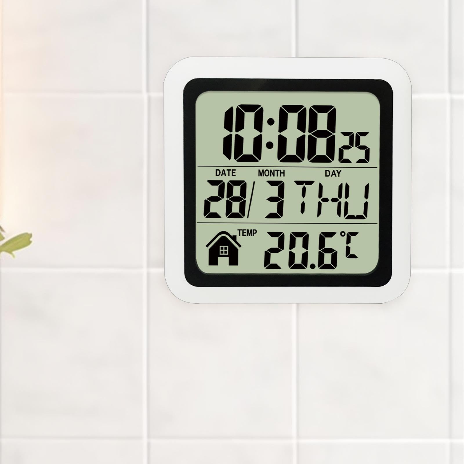 Qianly Digital Thermometer Wall Clock Kitchen Versatile White Table Digital Clock Water Resistant Easy to View Simple Installation, White