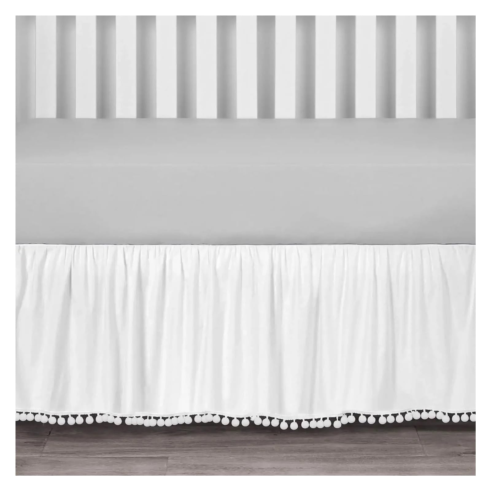 Crib Bed Skirt Crib Skirt with Pompoms 4 Sides Elastic 14 Inch Height(White,70x 140 x 36 cm)