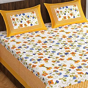 EarlyMart Cotton Rajasthani Jaipuri Traditional Floral King Size Double Bedsheet with 2 Pillow Covers (Yellow-3)