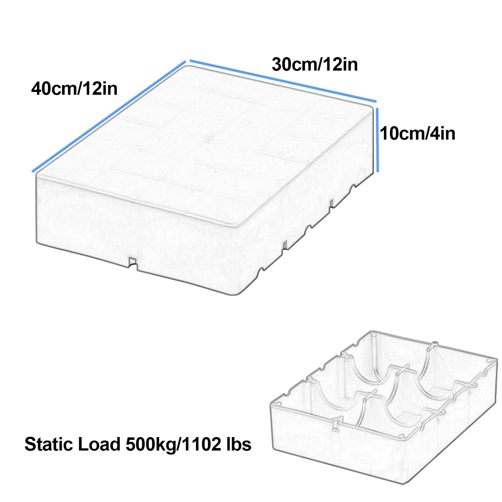 Pallet in plastica HDPE per cantina, design impermeabile, resistente, stampaggio monopezzo, capacità di carico 499,9 kg, ideale per garage e supermercati (blu, 40 x 30 x 10 cm)