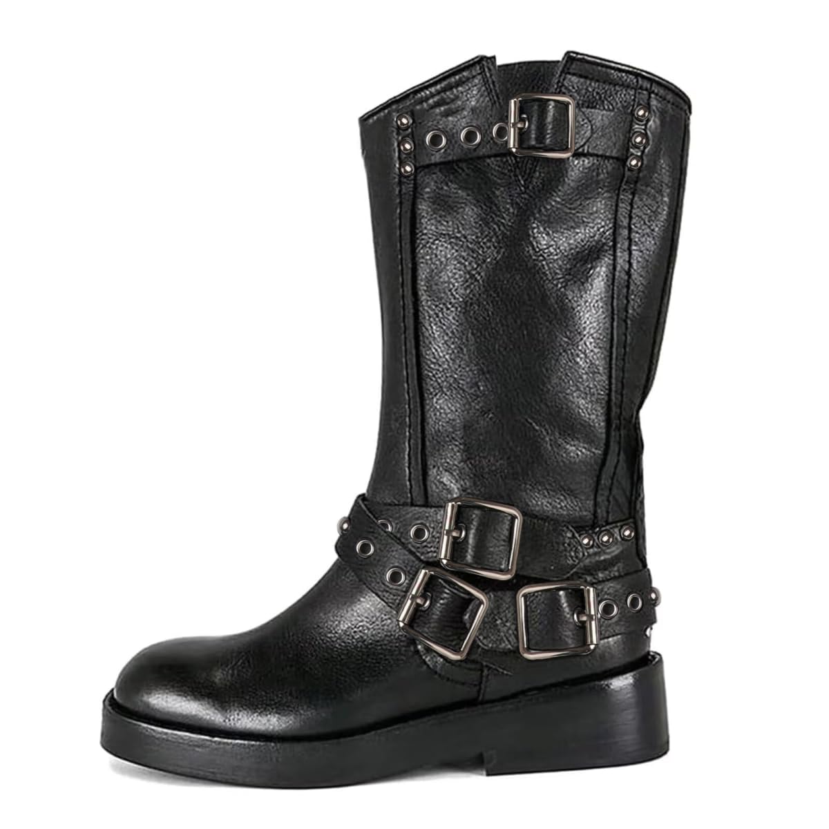 Agodor Womens Mid Calf Boots Chunky Low Heel Riding Buckle Boot for Women Squared Toe Motorcycle Boots Slip
