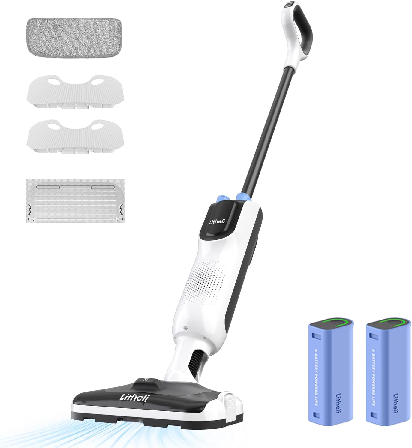 LiTHELi Cordless Vacuum Mop Cleaner, 2-in-1 Hard Floor Stick Vacuum, Wet Dry Mop, 2 Disposable Dust Boxes, 14 Disposable Pads & 1 Washable Pad, 2 Swappable 4000mAh Batteries White-2
