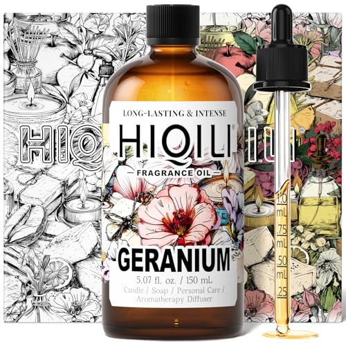 Image of HIQILI Geranium Fragrance Oil for Diffuser & Soap Making - 5.07 Fl Oz | Essential Oil for Candle & Body Lotion Making, Long-Lasting Scents, Car Freshies - 150 ML
