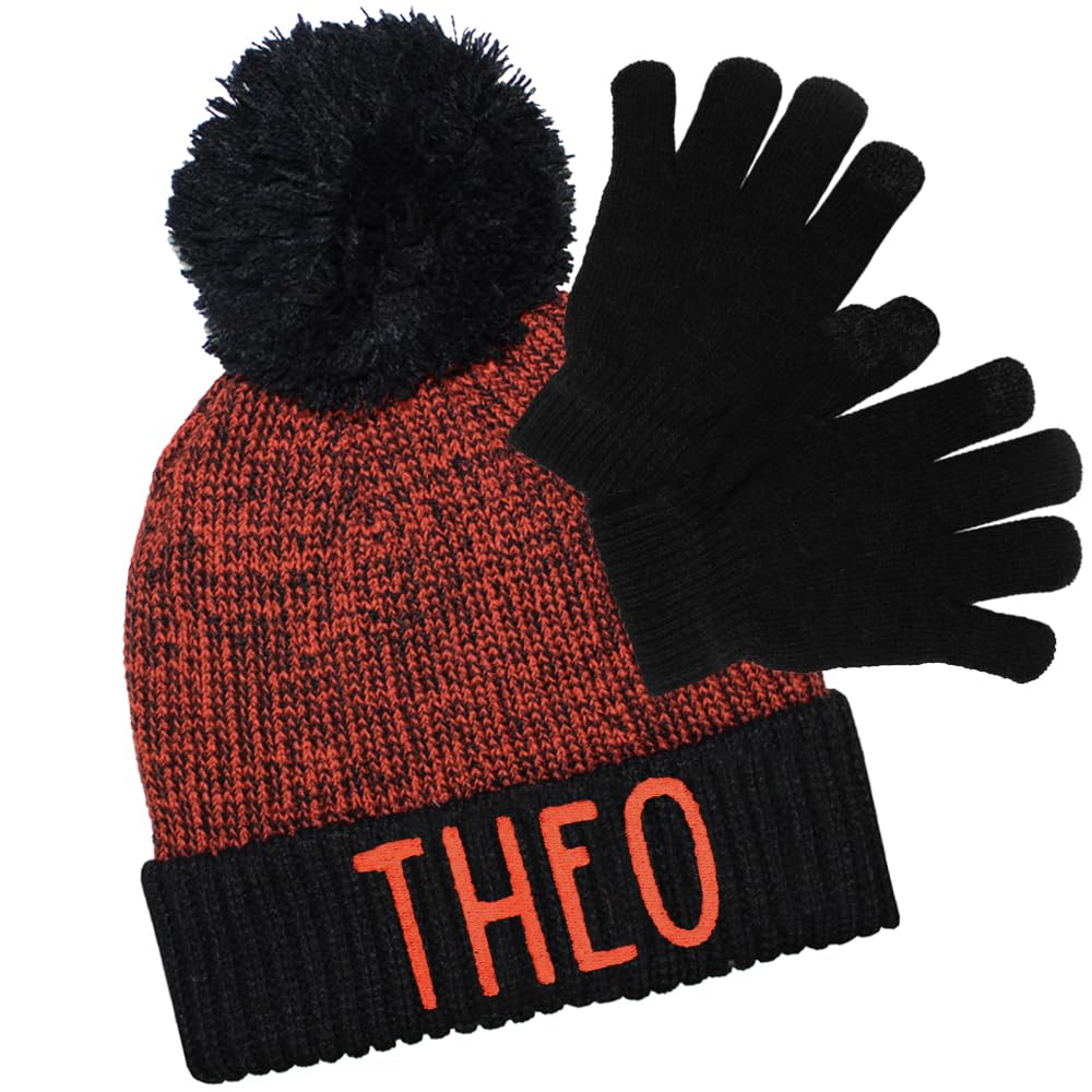 Teddyt's Boys Coral Orange Personalised Embroidered Orange Bobble Hat & Touchscreen Gloves Set (Uk, Age, 4 Years, 10 Years, )